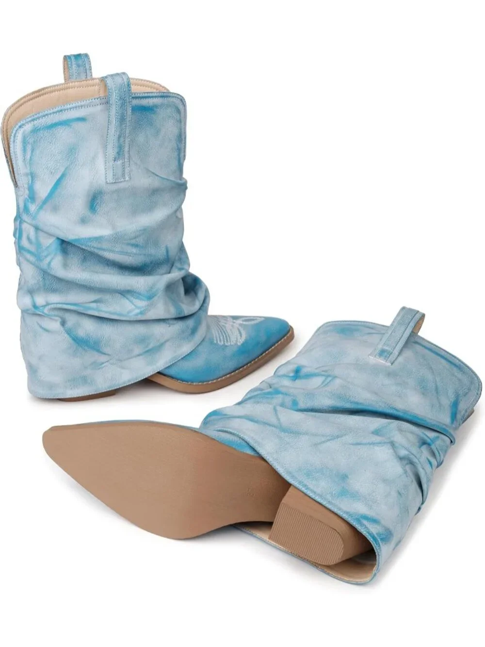 Women's Baby Blue Rubber Calf High and Pointed Toe Slouchy Riding Boots